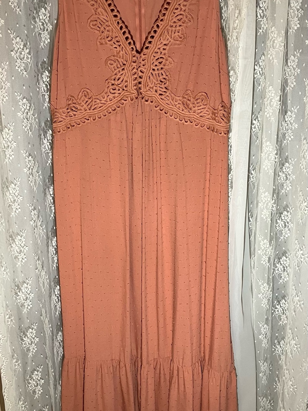 Women's Boho crochet trim V-Neck Maxi Dress in Terracotta - Picture 2 of 3